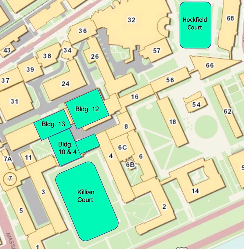 Map of the MIT campus with Killian Court, Hockfield Court, and buildings 4, 10, 12, and 13 highlighted.